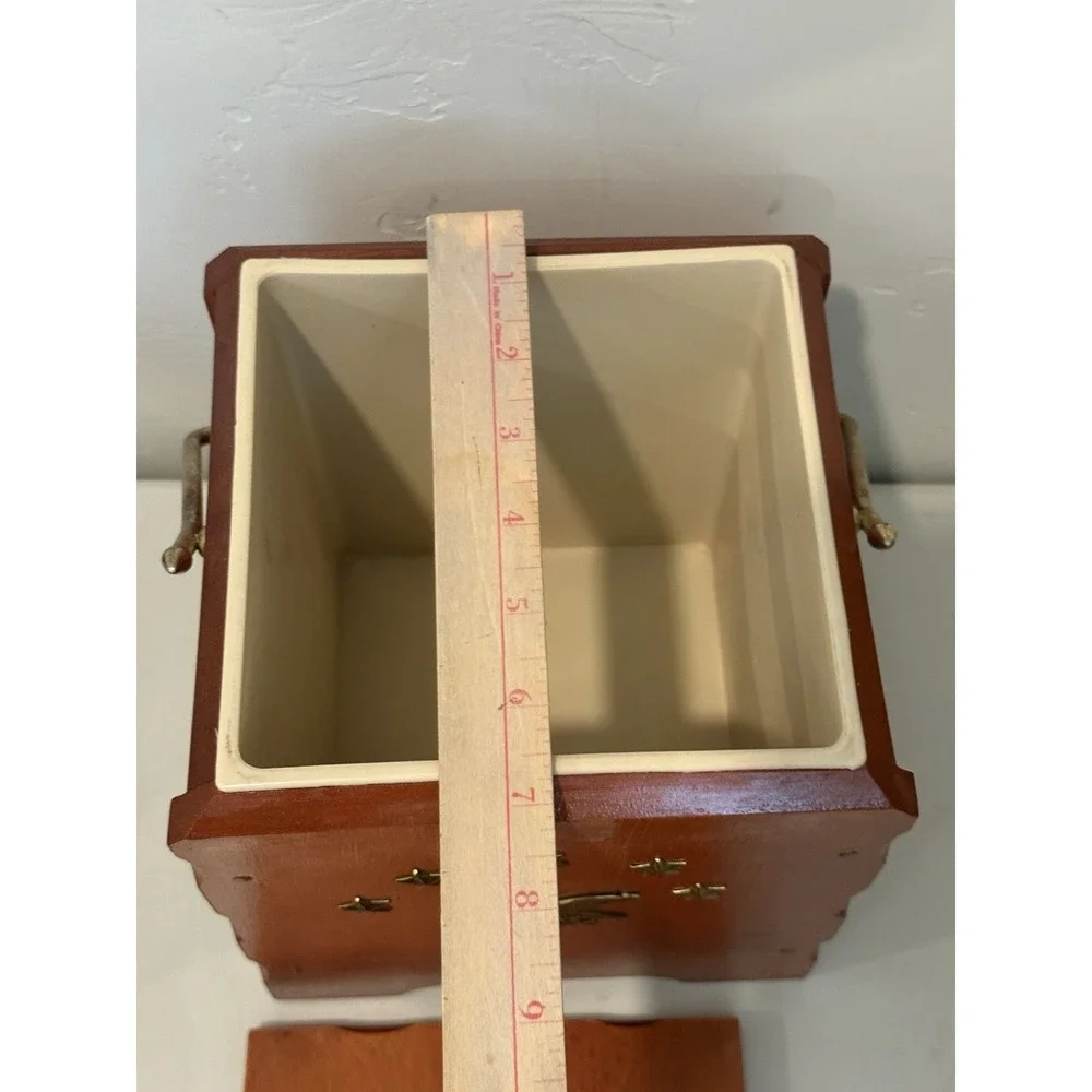 Vintage Wood Ice Bucket with Top Lid Wooden metal handle Eagle Stars Gold Accent